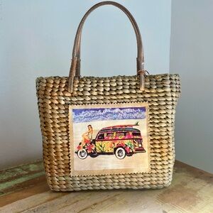 Woven Beach Tote with Surf Van Design